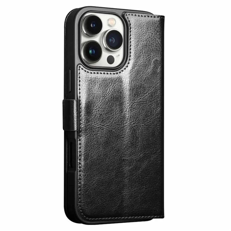 QIALINO For iPhone 16 Pro Max Case TPU+Genuine Cow Leather Wallet Phone Cover