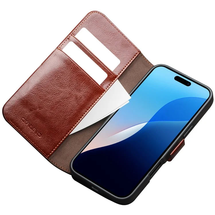 QIALINO For iPhone 16 Pro Max Case TPU+Genuine Cow Leather Wallet Phone Cover