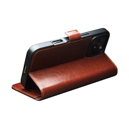 QIALINO For iPhone 16 Pro Max Case TPU+Genuine Cow Leather Wallet Phone Cover