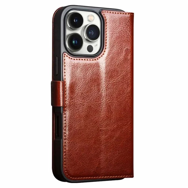 QIALINO For iPhone 16 Pro Max Case TPU+Genuine Cow Leather Wallet Phone Cover