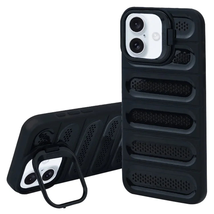 For iPhone 16 Plus Case Heat Dissipation Kickstand Airbags Anti-Drop TPU+PC Phone Cover
