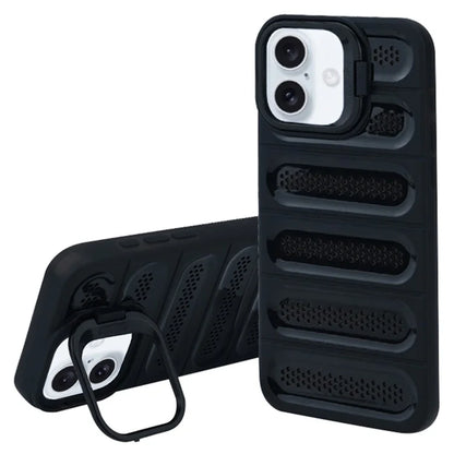 For iPhone 16 Plus Case Heat Dissipation Kickstand Airbags Anti-Drop TPU+PC Phone Cover