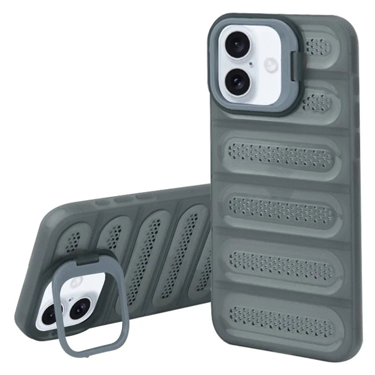 For iPhone 16 Plus Case Heat Dissipation Kickstand Airbags Anti-Drop TPU+PC Phone Cover