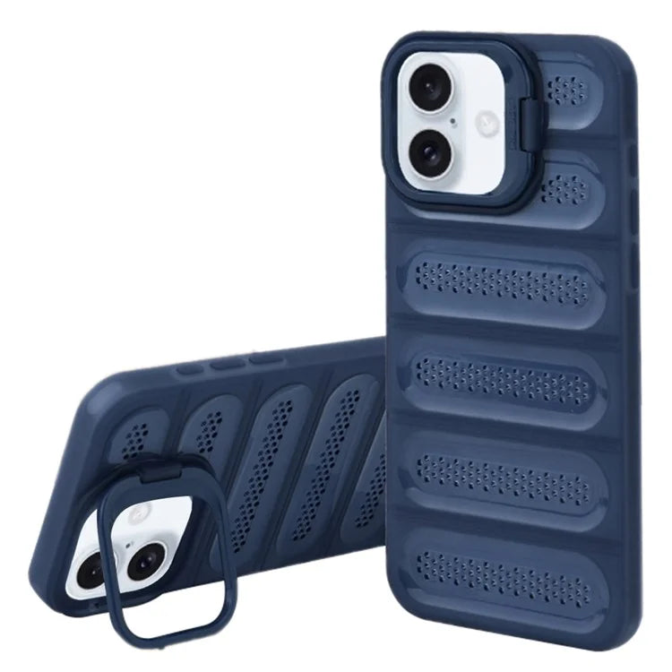 For iPhone 16 Plus Case Heat Dissipation Kickstand Airbags Anti-Drop TPU+PC Phone Cover