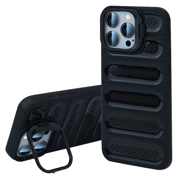 For iPhone 16 Pro Max Case Heat Dissipation Kickstand Airbags Anti-Drop TPU+PC Phone Cover