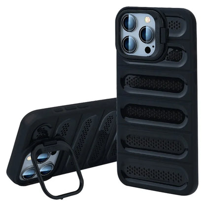 For iPhone 16 Pro Max Case Heat Dissipation Kickstand Airbags Anti-Drop TPU+PC Phone Cover