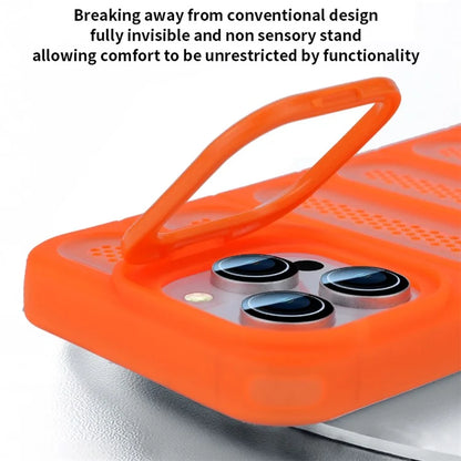 For iPhone 16 Pro Max Case Heat Dissipation Kickstand Airbags Anti-Drop TPU+PC Phone Cover