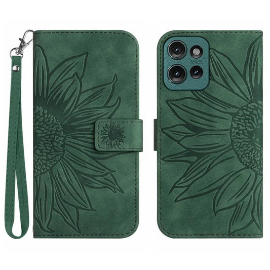 HT04 For Motorola Edge 50 5G Case Sunflower Imprint Leather Wallet Phone Cover with Wrist Strap