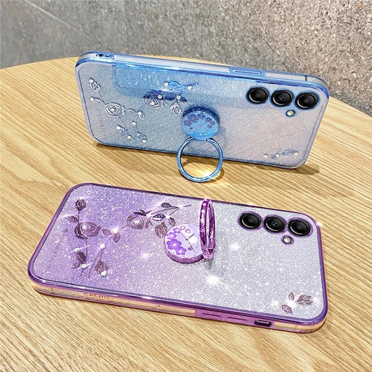 KADEM For Samsung Galaxy A16 5G 5G Case Ring Kickstand TPU Flowers Phone Cover Gradient Glitter