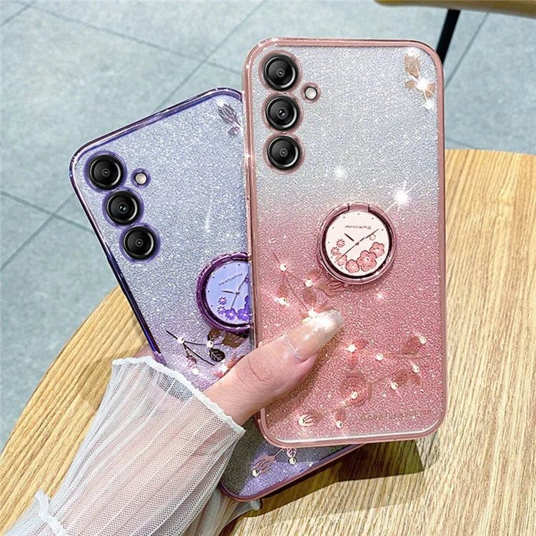 KADEM For Samsung Galaxy A16 5G 5G Case Ring Kickstand TPU Flowers Phone Cover Gradient Glitter