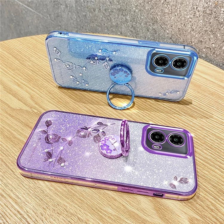 KADEM For Motorola Moto G85 5G / S50 Neo 5G Case Ring Kickstand TPU Flowers Phone Cover Gradient Glitter