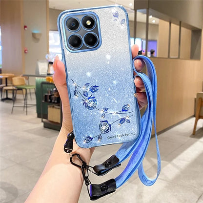 KADEM For Honor X6b 4G Case Flower Pattern TPU Gradient Phone Cover with Lanyards