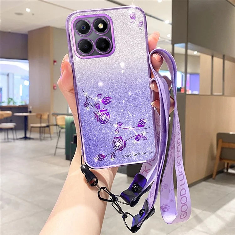 KADEM For Honor X6b 4G Case Flower Pattern TPU Gradient Phone Cover with Lanyards