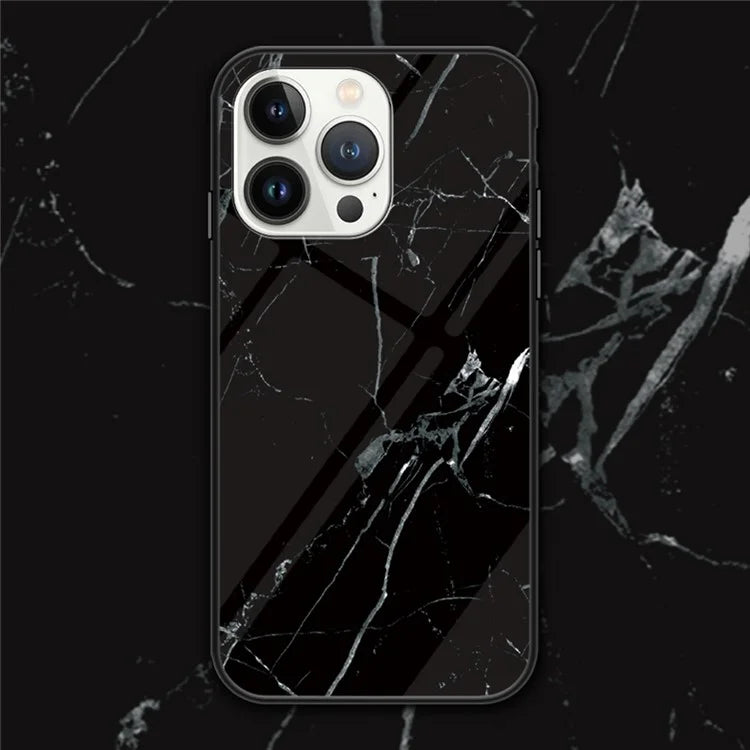 For iPhone 16 Pro Case Marble Pattern Tempered Glass+PC+TPU Protective Phone Cover