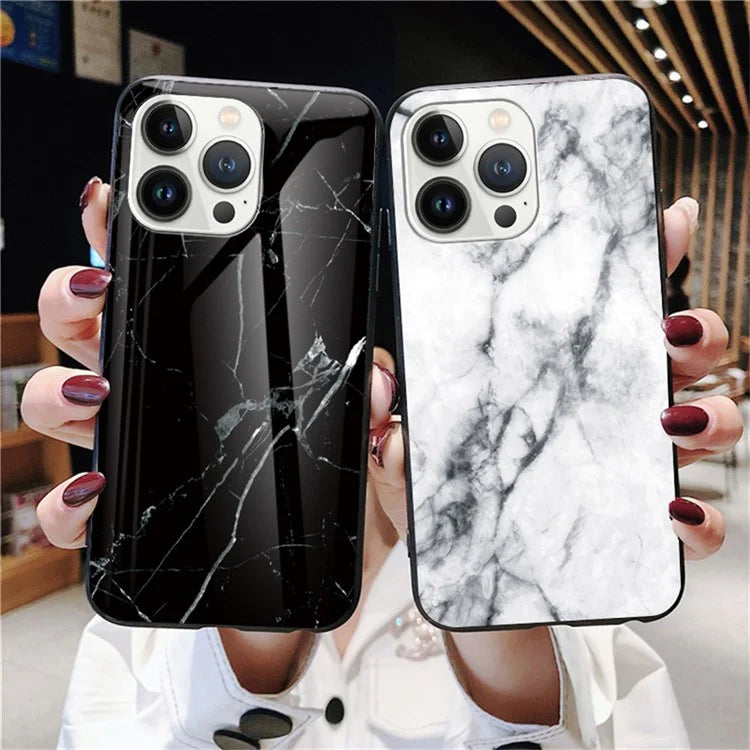 For iPhone 16 Pro Case Marble Pattern Tempered Glass+PC+TPU Protective Phone Cover