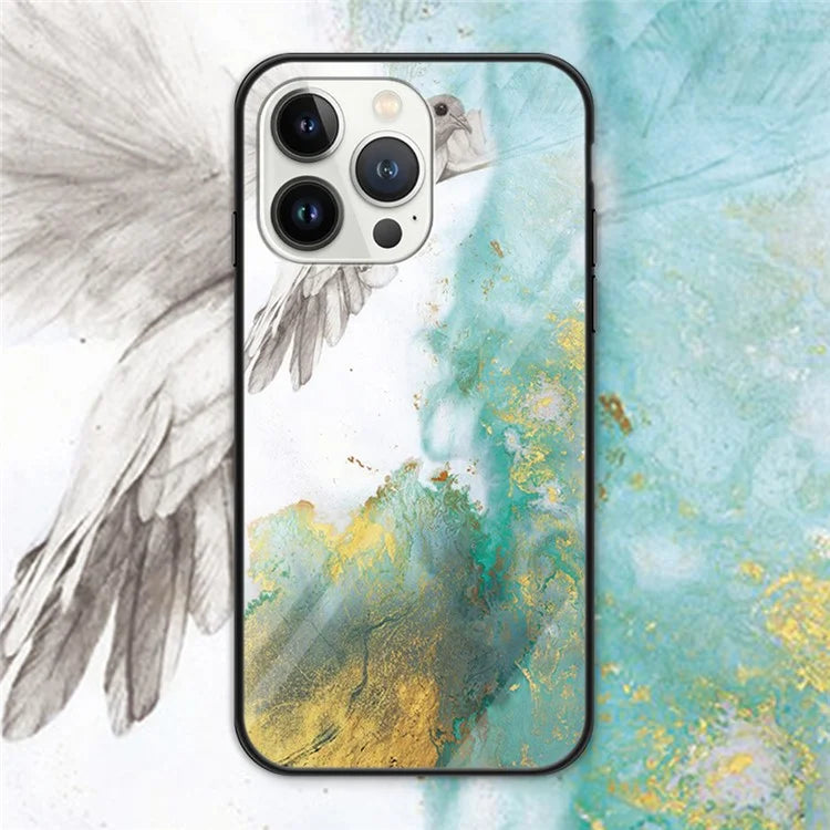 For iPhone 16 Pro Case Marble Pattern Tempered Glass+PC+TPU Protective Phone Cover