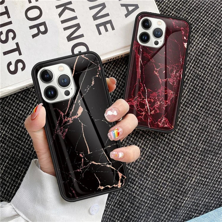 For iPhone 16 Pro Case Marble Pattern Tempered Glass+PC+TPU Protective Phone Cover