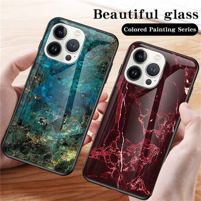 For iPhone 16 Pro Max Case Marble Pattern Tempered Glass+PC+TPU Protective Phone Cover