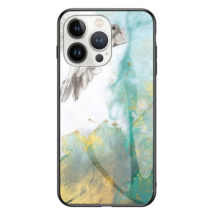 For iPhone 16 Pro Max Case Marble Pattern Tempered Glass+PC+TPU Protective Phone Cover