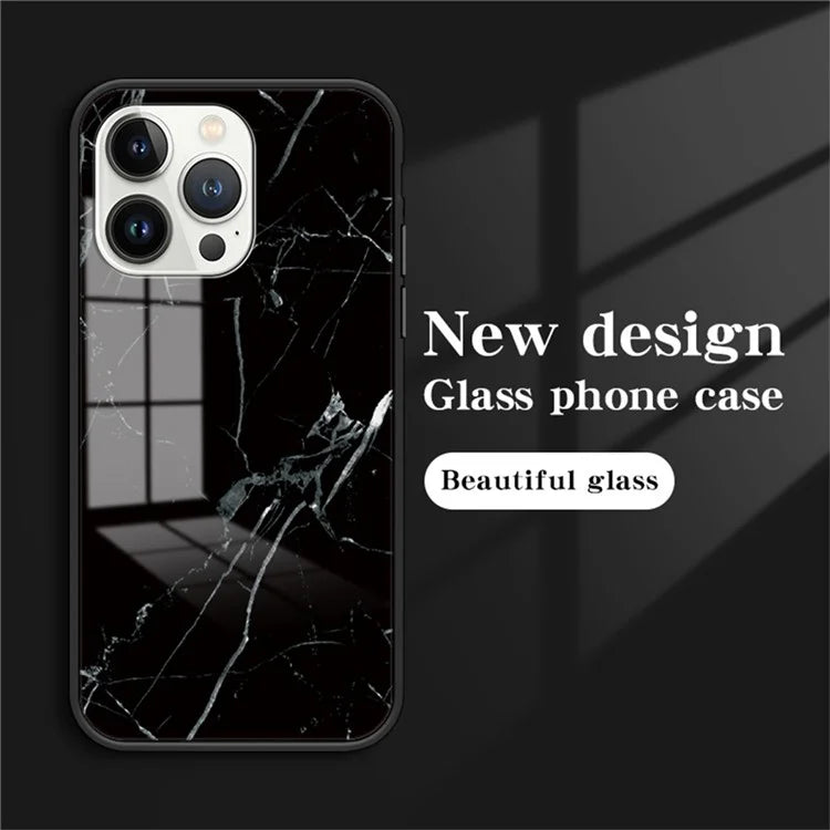 For iPhone 16 Pro Max Case Marble Pattern Tempered Glass+PC+TPU Protective Phone Cover