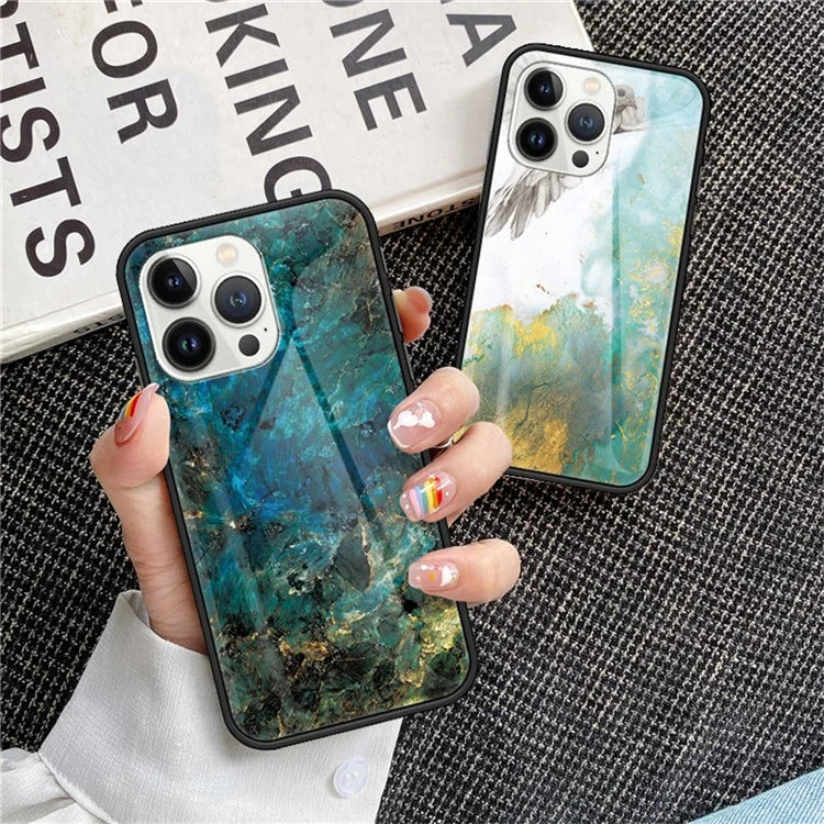 For iPhone 16 Pro Max Case Marble Pattern Tempered Glass+PC+TPU Protective Phone Cover