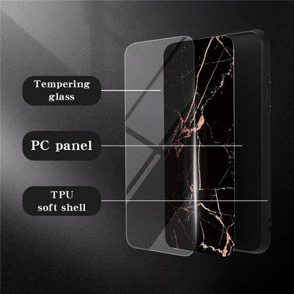 For iPhone 16 Pro Max Case Marble Pattern Tempered Glass+PC+TPU Protective Phone Cover