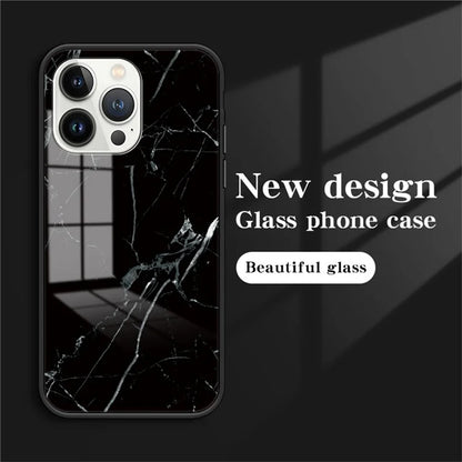 For iPhone 16 Pro Max Case Marble Pattern Tempered Glass+PC+TPU Protective Phone Cover
