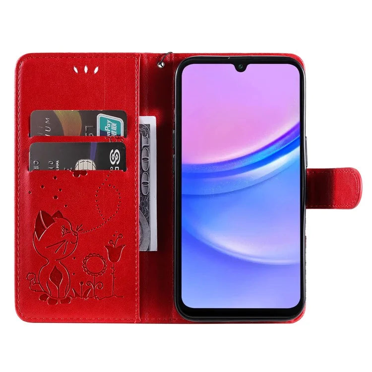 KT Imprinting Flower Series-4 For Samsung Galaxy A16 5G Case Cat Bee Pattern Flip Leather Phone Cover