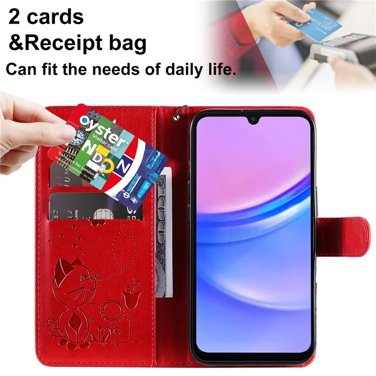 KT Imprinting Flower Series-4 For Samsung Galaxy A16 5G Case Cat Bee Pattern Flip Leather Phone Cover