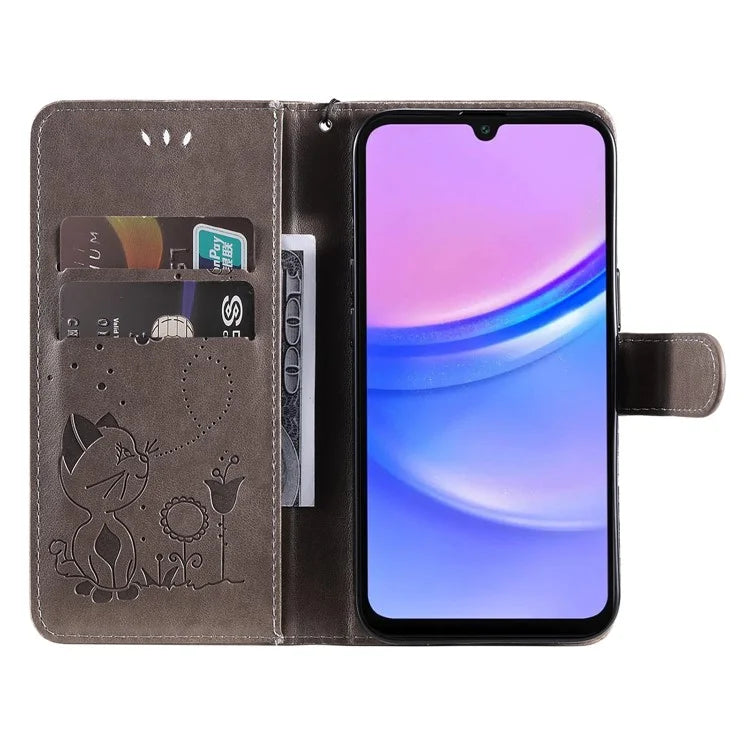 KT Imprinting Flower Series-4 For Samsung Galaxy A16 5G Case Cat Bee Pattern Flip Leather Phone Cover