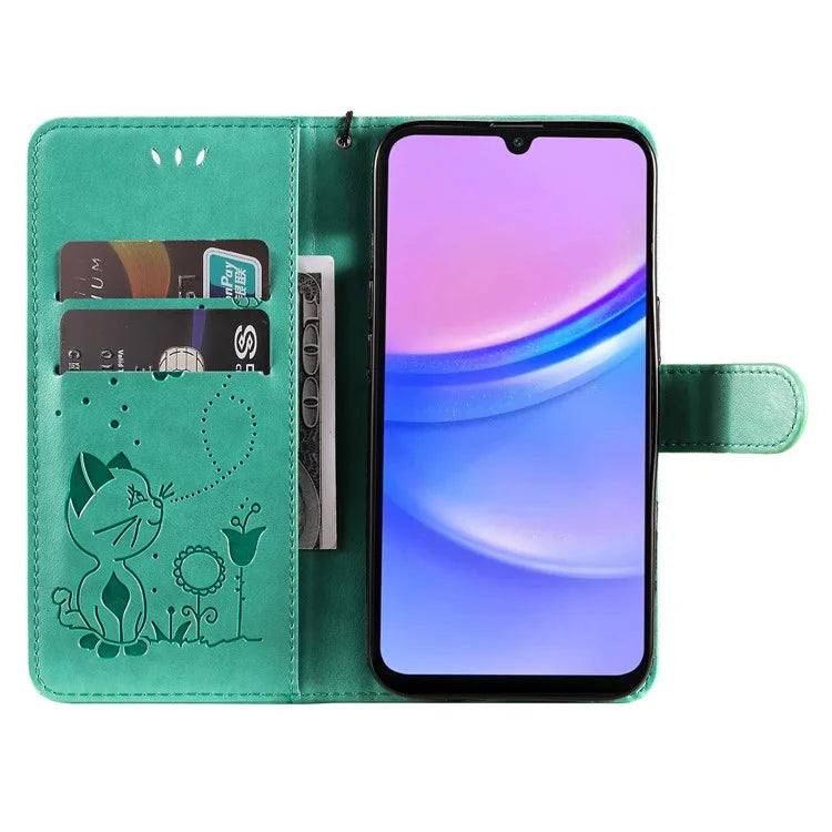 KT Imprinting Flower Series-4 For Samsung Galaxy A16 5G Case Cat Bee Pattern Flip Leather Phone Cover