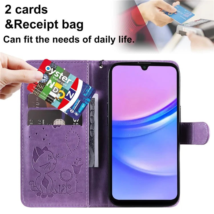 KT Imprinting Flower Series-4 For Samsung Galaxy A16 5G Case Cat Bee Pattern Flip Leather Phone Cover