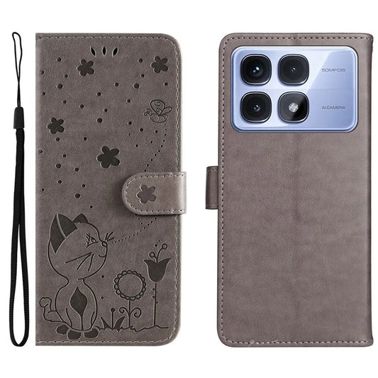 KT Imprinting Flower Series-4 For Xiaomi Redmi K70 Ultra Case Cat Bee Pattern Flip Leather Phone Cover