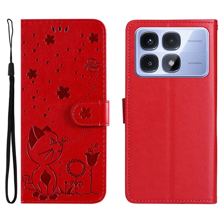 KT Imprinting Flower Series-4 For Xiaomi Redmi K70 Ultra Case Cat Bee Pattern Flip Leather Phone Cover