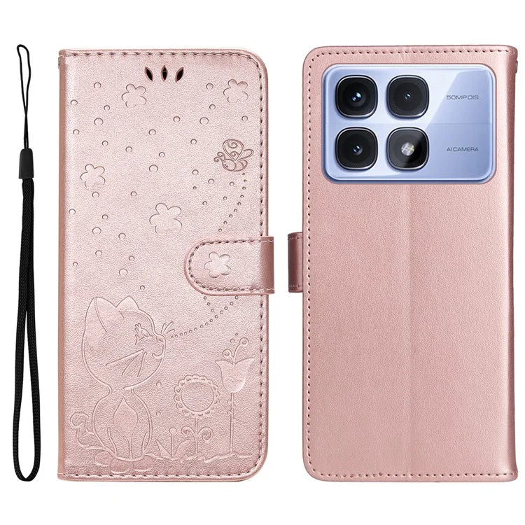 KT Imprinting Flower Series-4 For Xiaomi Redmi K70 Ultra Case Cat Bee Pattern Flip Leather Phone Cover