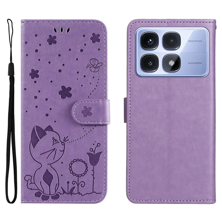KT Imprinting Flower Series-4 For Xiaomi Redmi K70 Ultra Case Cat Bee Pattern Flip Leather Phone Cover