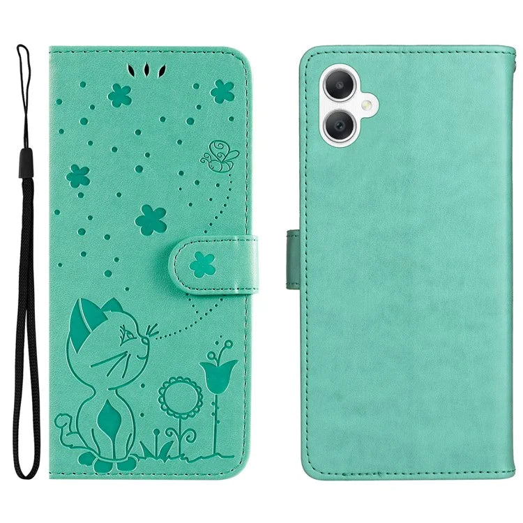 KT Imprinting Flower Series-4 For Samsung Galaxy A06 Case Cat Bee Pattern Flip Leather Phone Cover
