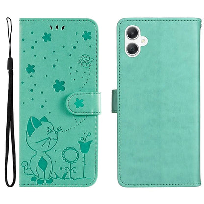 KT Imprinting Flower Series-4 For Samsung Galaxy A06 Case Cat Bee Pattern Flip Leather Phone Cover