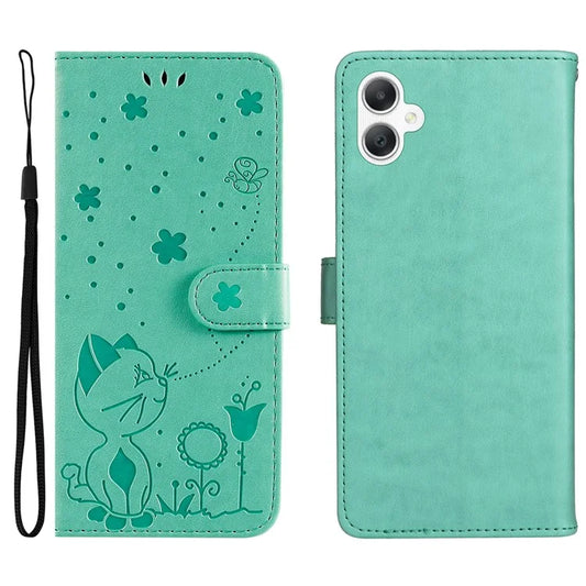 KT Imprinting Flower Series-4 For Samsung Galaxy A06 Case Cat Bee Pattern Flip Leather Phone Cover