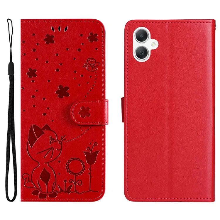 KT Imprinting Flower Series-4 For Samsung Galaxy A06 Case Cat Bee Pattern Flip Leather Phone Cover