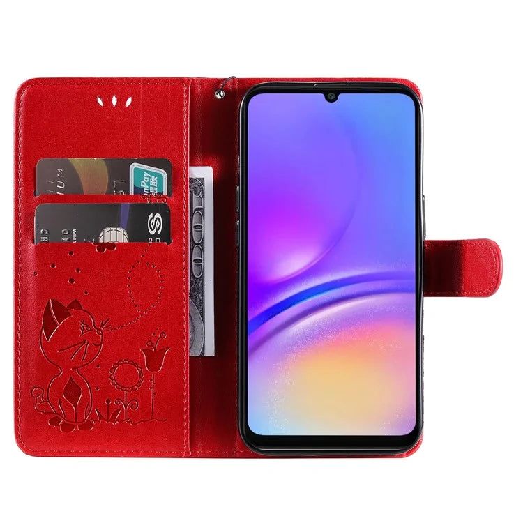 KT Imprinting Flower Series-4 For Samsung Galaxy A06 Case Cat Bee Pattern Flip Leather Phone Cover