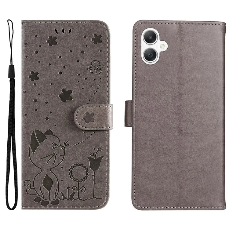 KT Imprinting Flower Series-4 For Samsung Galaxy A06 Case Cat Bee Pattern Flip Leather Phone Cover