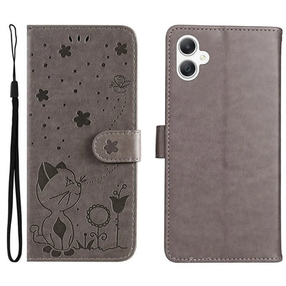 KT Imprinting Flower Series-4 For Samsung Galaxy A06 Case Cat Bee Pattern Flip Leather Phone Cover