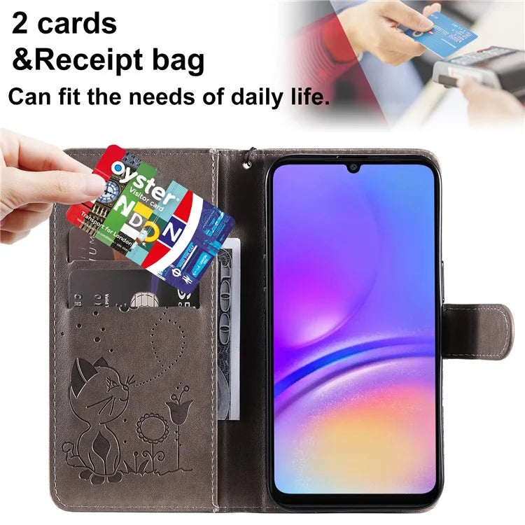 KT Imprinting Flower Series-4 For Samsung Galaxy A06 Case Cat Bee Pattern Flip Leather Phone Cover