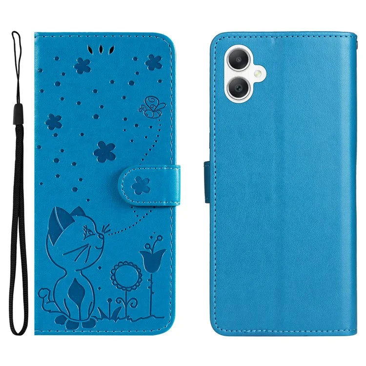 KT Imprinting Flower Series-4 For Samsung Galaxy A06 Case Cat Bee Pattern Flip Leather Phone Cover