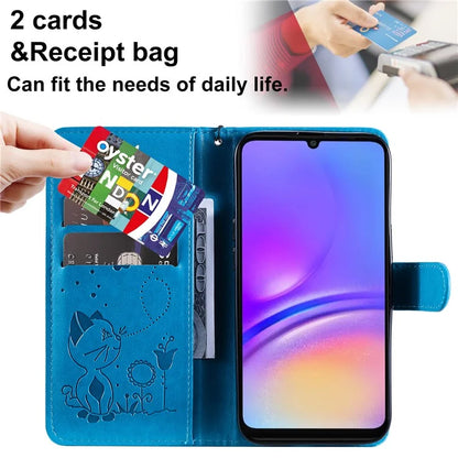 KT Imprinting Flower Series-4 For Samsung Galaxy A06 Case Cat Bee Pattern Flip Leather Phone Cover
