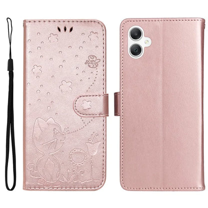 KT Imprinting Flower Series-4 For Samsung Galaxy A06 Case Cat Bee Pattern Flip Leather Phone Cover