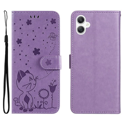 KT Imprinting Flower Series-4 For Samsung Galaxy A06 Case Cat Bee Pattern Flip Leather Phone Cover