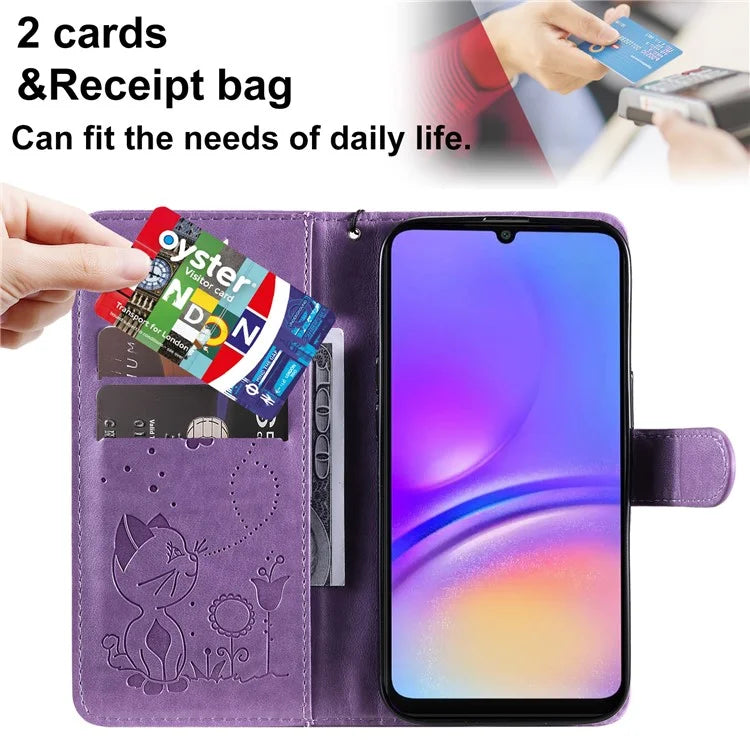 KT Imprinting Flower Series-4 For Samsung Galaxy A06 Case Cat Bee Pattern Flip Leather Phone Cover