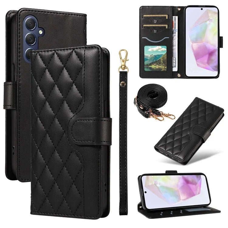 For Samsung Galaxy A35 5G Case Wallet Rhombus Leather Phone Cover with Shoulder Strap, Wrist Strap